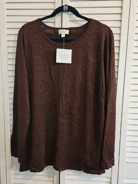 Belle by Kim Gravel Metallic Brown Crewneck Sweater
